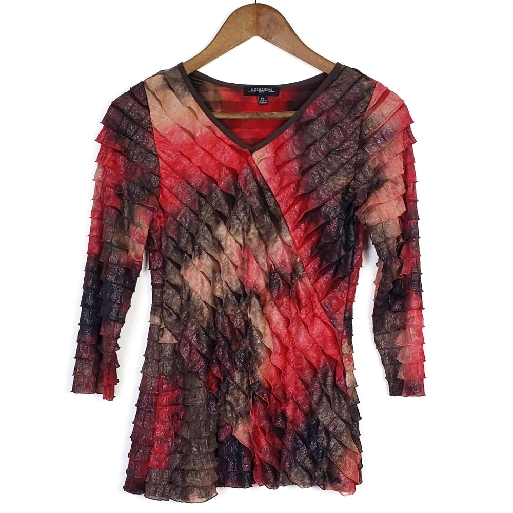 Notations Red Black Ruffle 3/4 Sleeve Blouse‎ Top